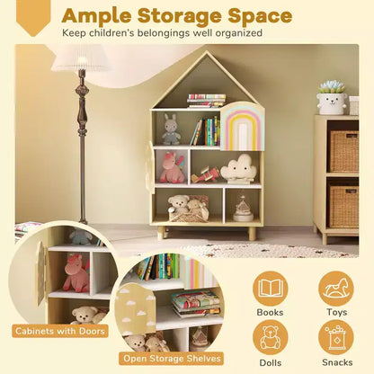 Étagère à Livres Costway pour Enfants en Forme de Maison, Organisateur de Rangement de Jouets à 4 Niveaux avec Compartiments Ouverts
