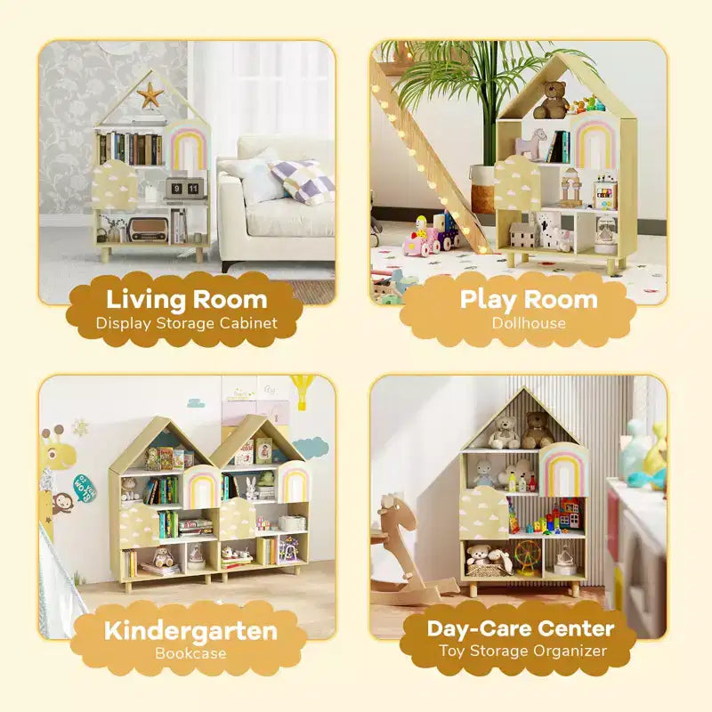 Étagère à Livres Costway pour Enfants en Forme de Maison, Organisateur de Rangement de Jouets à 4 Niveaux avec Compartiments Ouverts