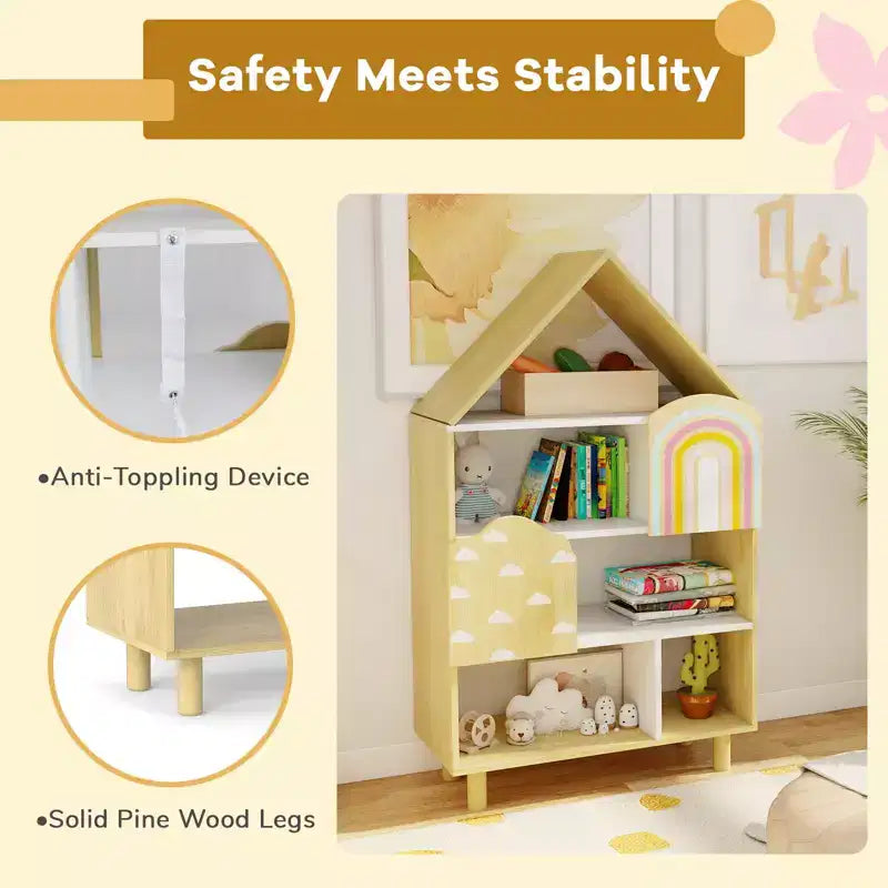 Étagère à Livres Costway pour Enfants en Forme de Maison, Organisateur de Rangement de Jouets à 4 Niveaux avec Compartiments Ouverts