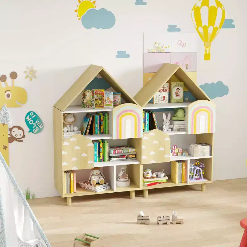 Étagère à Livres Costway pour Enfants en Forme de Maison, Organisateur de Rangement de Jouets à 4 Niveaux avec Compartiments Ouverts