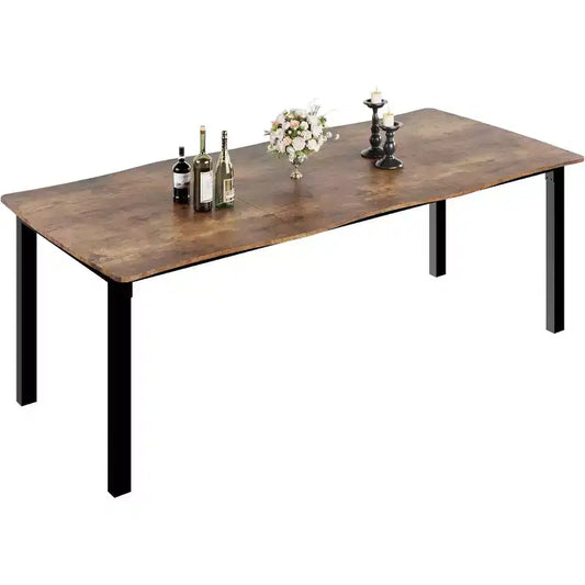 A 6-10 person dining table with a metal frame, waterproof and scratch-resistant, suitable for dining rooms and offices.