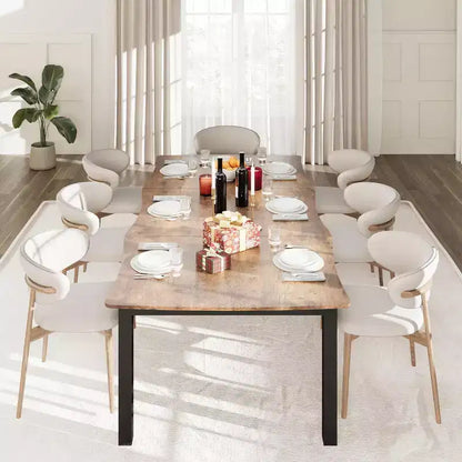 Une table de salle à manger de 6 à 10 personnes, avec un cadre en métal, imperméable et résistante aux rayures, adaptée aux salles à manger et aux bureaux.