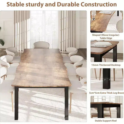 Une table de salle à manger de 6 à 10 personnes, avec un cadre en métal, imperméable et résistante aux rayures, adaptée aux salles à manger et aux bureaux.