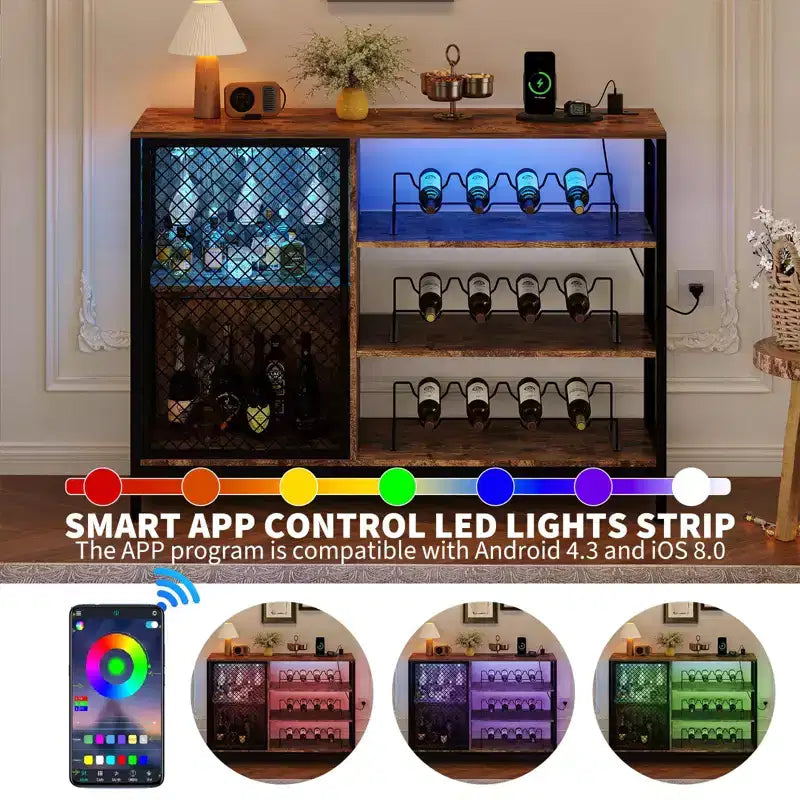 41.7 Meuble de Bar à Vin avec Casier à Vin, Meuble Bar à Café en Bois avec Porte-Verres & Porte en Maille, Buffet de Rangement pour Salon et Entrée