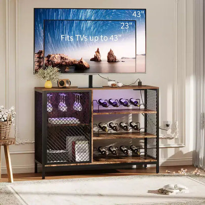 41.7 Meuble de Bar à Vin avec Casier à Vin, Meuble Bar à Café en Bois avec Porte-Verres & Porte en Maille, Buffet de Rangement pour Salon et Entrée