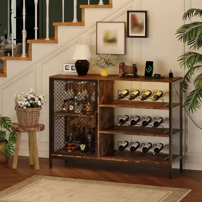 41.7 Meuble de Bar à Vin avec Casier à Vin, Meuble Bar à Café en Bois avec Porte-Verres & Porte en Maille, Buffet de Rangement pour Salon et Entrée