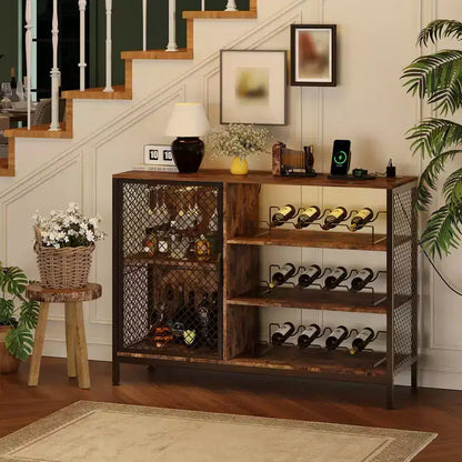41.7 Meuble de Bar à Vin avec Casier à Vin, Meuble Bar à Café en Bois avec Porte-Verres & Porte en Maille, Buffet de Rangement pour Salon et Entrée