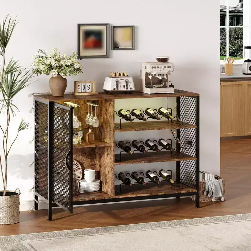41.7 Meuble de Bar à Vin avec Casier à Vin, Meuble Bar à Café en Bois avec Porte-Verres & Porte en Maille, Buffet de Rangement pour Salon et Entrée