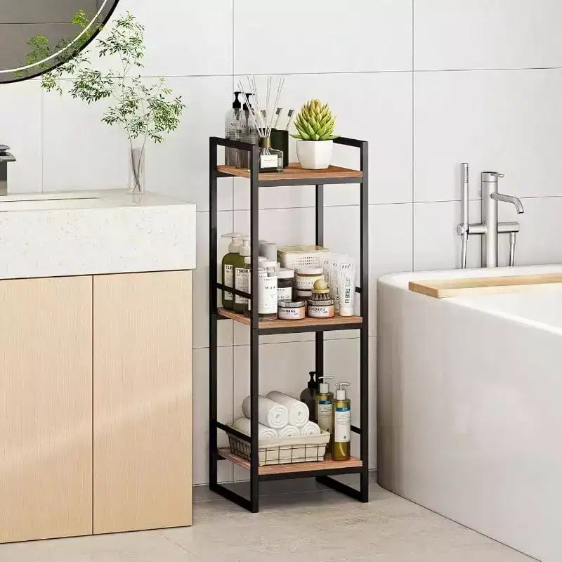 Étagère de Rangement 3 Niveaux Salle de Bain Étagère Ouverte Autoportante en Métal Meuble d'Angle Marron Rustique pour Salle de Bain Cuisine Salon Couloir