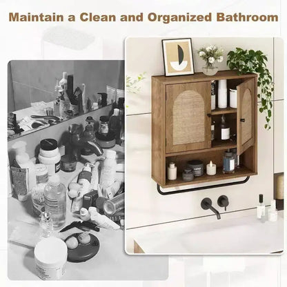 Meuble mural de salle de bain en rotin, style bohème avec 2 portes cintrées, rangement de ferme au-dessus des toilettes avec étagères réglables et porte-serviettes