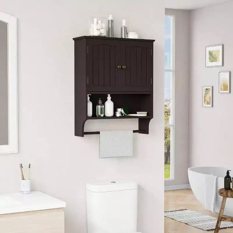 Armoire de salle de bain murale avec 2 portes et étagère réglable en bois, rangement au-dessus des toilettes, design moderne blanc, gain de place