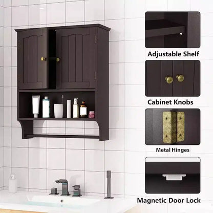 Armoire de salle de bain murale avec 2 portes et étagère réglable en bois, rangement au-dessus des toilettes, design moderne blanc, gain de place
