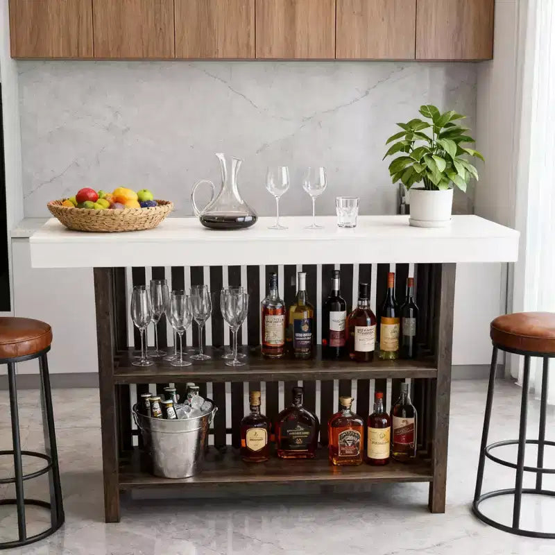 63 Grande unité de bar à domicile, table de pub haute de 2 niveaux pour îlot de cuisine avec repose-pieds, table de pub moderne pour salle à manger, bistro, salon