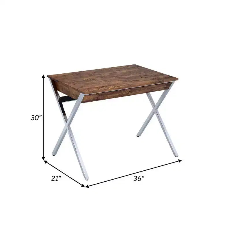 Bureau d'ordinateur moderne Royal Hampton de 91 cm, 2 tiroirs, base en X, bois, chêne, chrome