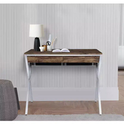Bureau d'ordinateur moderne Royal Hampton de 91 cm, 2 tiroirs, base en X, bois, chêne, chrome
