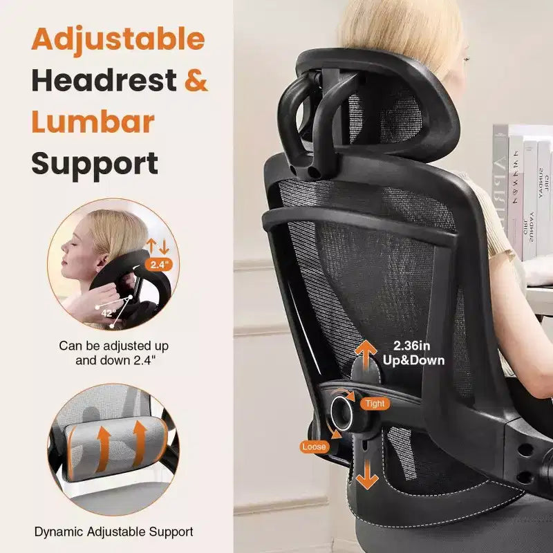 Chaise de bureau ergonomique TUYOHW avec support lombaire et appui-tête réglables, chaise de bureau dossier haut en maille avec accoudoirs relevables, capacité 125 kg