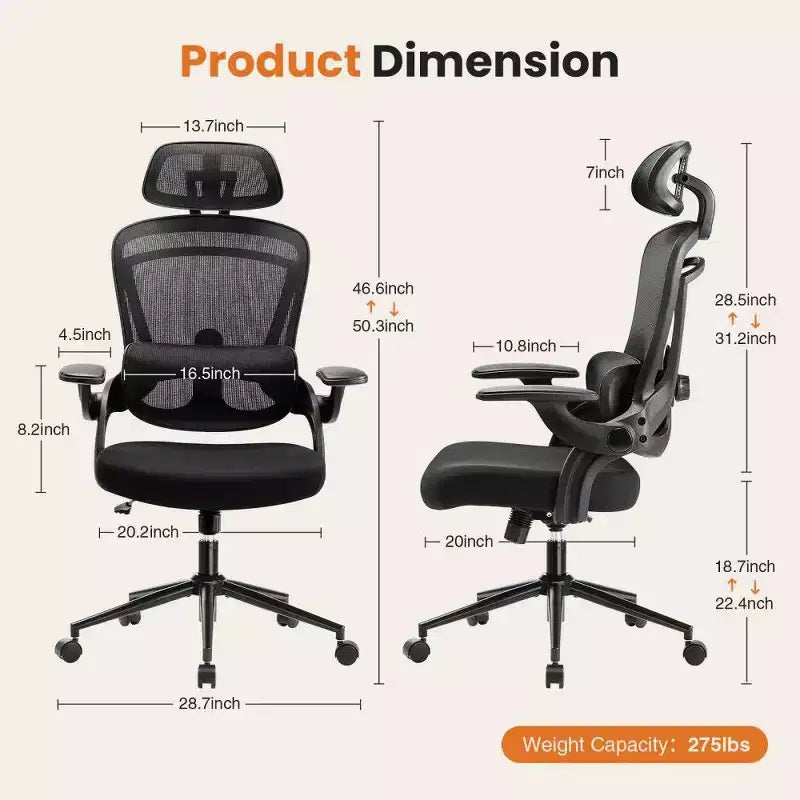 Chaise de bureau ergonomique TUYOHW avec support lombaire et appui-tête réglables, chaise de bureau dossier haut en maille avec accoudoirs relevables, capacité 125 kg