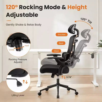 Chaise de bureau ergonomique TUYOHW avec support lombaire et appui-tête réglables, chaise de bureau dossier haut en maille avec accoudoirs relevables, capacité 125 kg