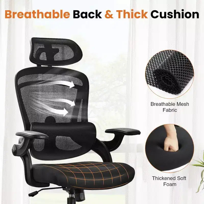 Chaise de bureau ergonomique TUYOHW avec support lombaire et appui-tête réglables, chaise de bureau dossier haut en maille avec accoudoirs relevables, capacité 125 kg