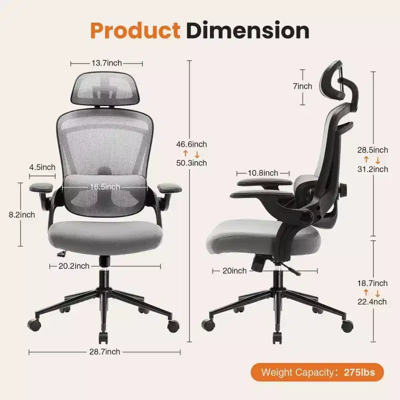 Chaise de bureau ergonomique TUYOHW avec support lombaire et appui-tête réglables, chaise de bureau dossier haut en maille avec accoudoirs relevables, capacité 125 kg