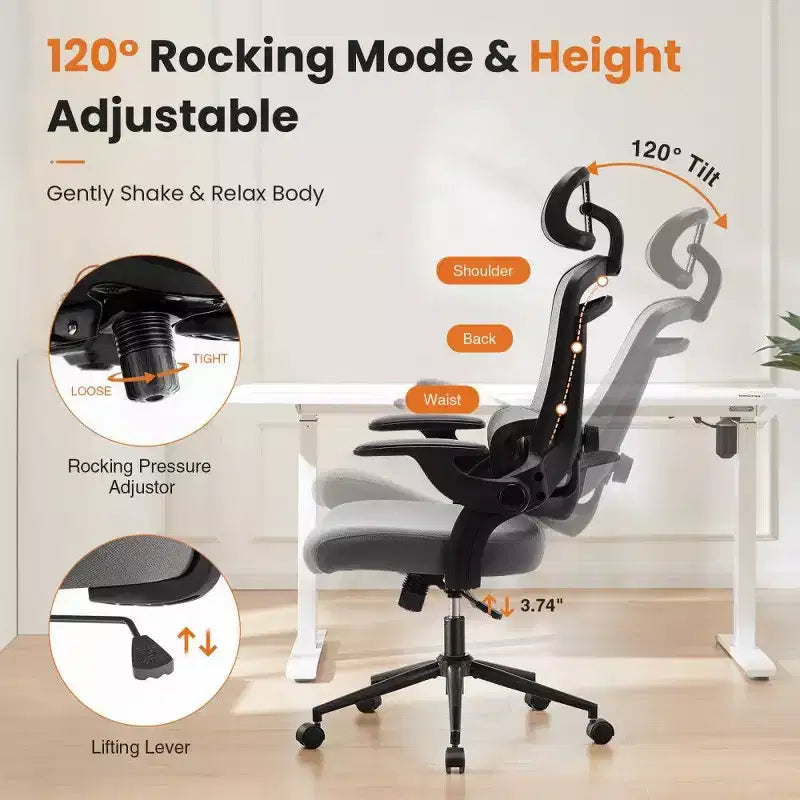 Chaise de bureau ergonomique TUYOHW avec support lombaire et appui-tête réglables, chaise de bureau dossier haut en maille avec accoudoirs relevables, capacité 125 kg