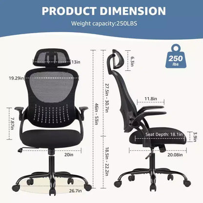 Chaise de Bureau Ergonomique TUYOHW, Chaise de Bureau à Dossier Haut en Maille avec Appui-tête Réglable et Accoudoirs Relevables, Coussin Épais