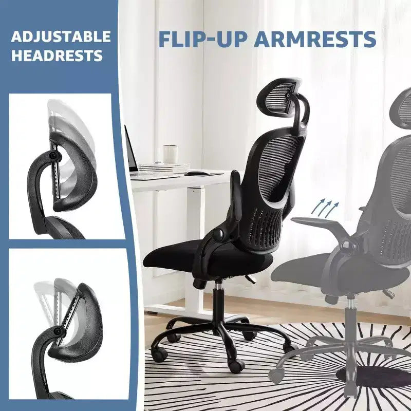 Chaise de Bureau Ergonomique TUYOHW, Chaise de Bureau à Dossier Haut en Maille avec Appui-tête Réglable et Accoudoirs Relevables, Coussin Épais