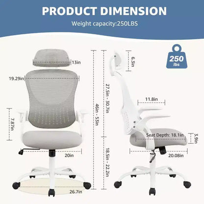 Chaise de Bureau Ergonomique TUYOHW, Chaise de Bureau à Dossier Haut en Maille avec Appui-tête Réglable et Accoudoirs Relevables, Coussin Épais