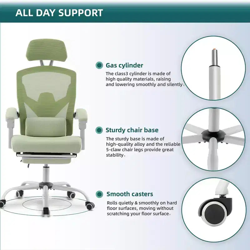 TUYOHW Chaise de bureau en maille pivotante à roulettes avec repose-pieds rétractable, chaise de gamer avec coussin de soutien lombaire pour le bureau