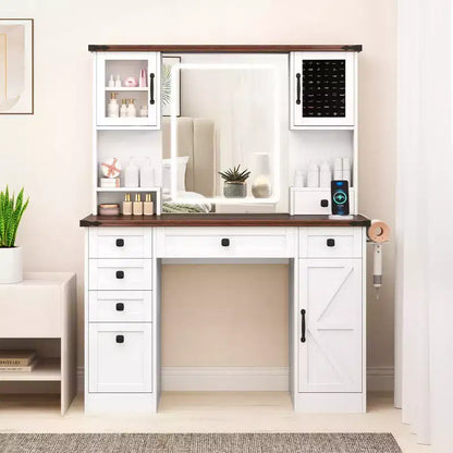 Coiffeuse de ferme Costway avec miroir lumineux et table de maquillage avec 3 portes