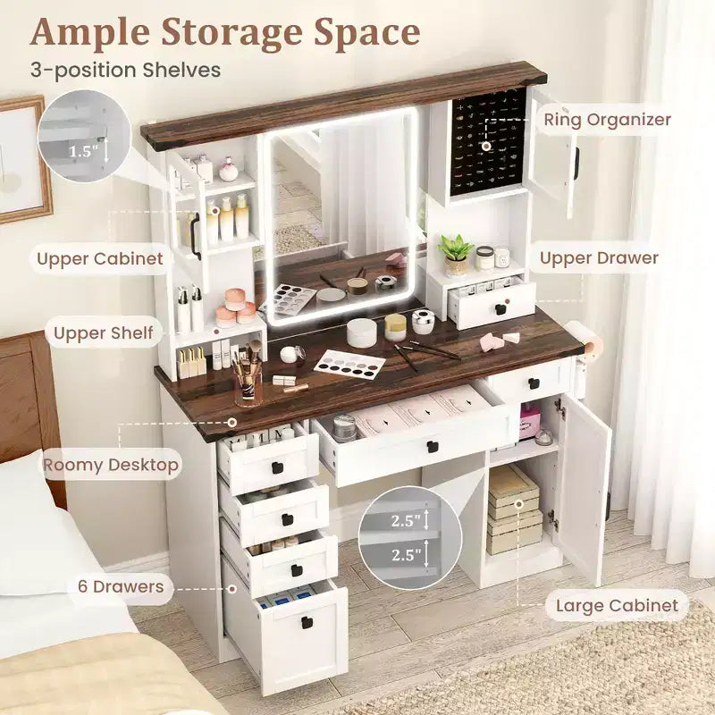 Coiffeuse de ferme Costway avec miroir lumineux et table de maquillage avec 3 portes