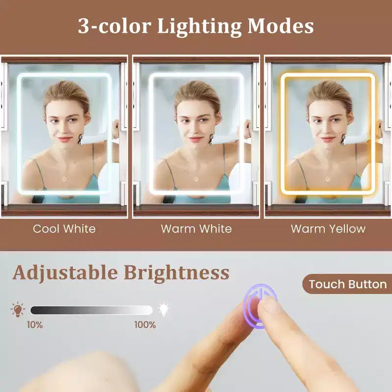 Coiffeuse de ferme Costway avec miroir lumineux et table de maquillage avec 3 portes