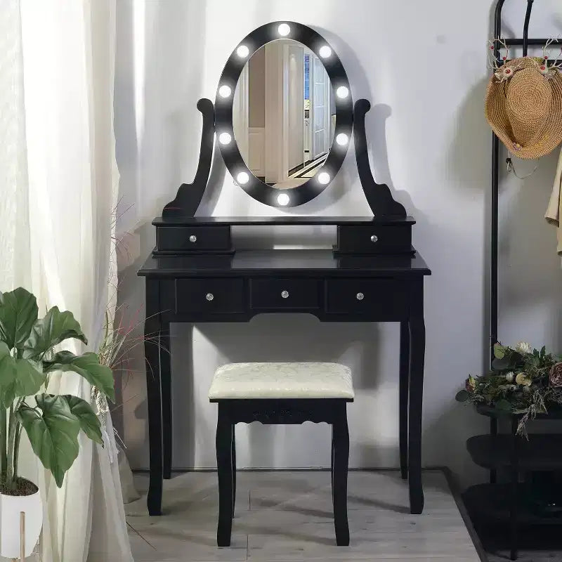 Garvee Vanity Desk Set with 5 Drawers, Wood Makeup Dressing Table with Oval Mirror & Stool for Bedroom
