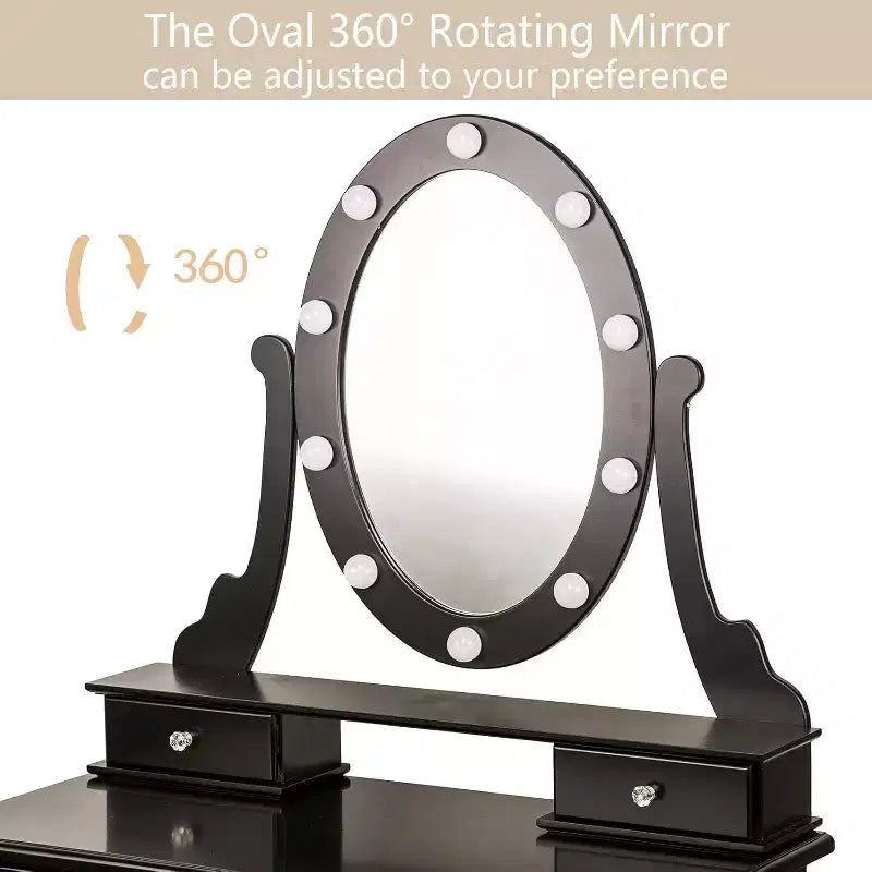 Coiffeuse Garvee avec 5 tiroirs, table de maquillage en bois avec miroir ovale et tabouret pour chambre à coucher