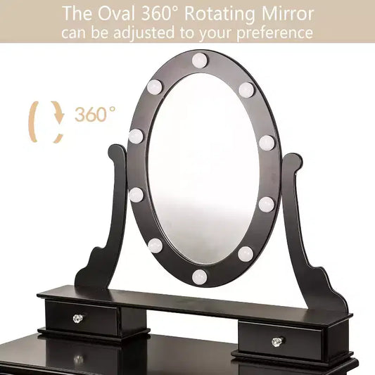 Coiffeuse Garvee avec 5 tiroirs, table de maquillage en bois avec miroir ovale et tabouret pour chambre à coucher