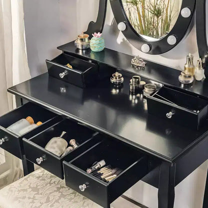 Coiffeuse Garvee avec 5 tiroirs, table de maquillage en bois avec miroir ovale et tabouret pour chambre à coucher