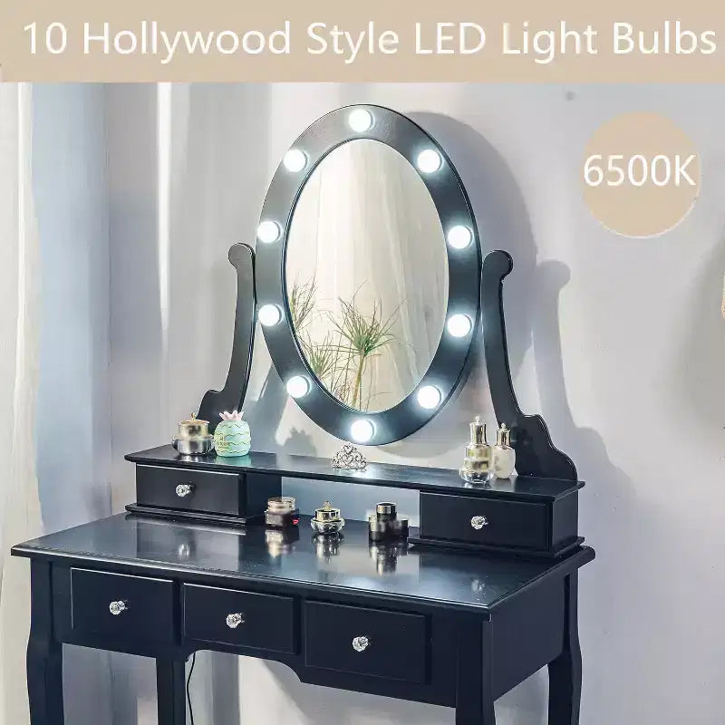 Coiffeuse Garvee avec 5 tiroirs, table de maquillage en bois avec miroir ovale et tabouret pour chambre à coucher