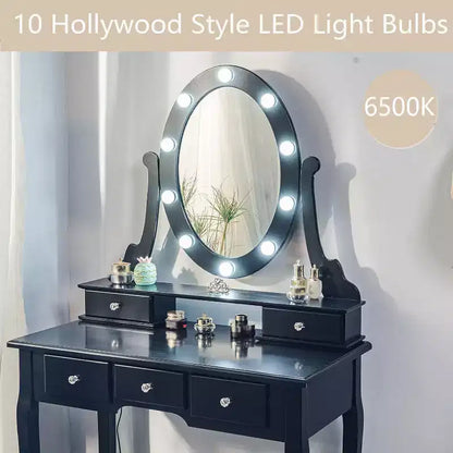 Coiffeuse Garvee avec 5 tiroirs, table de maquillage en bois avec miroir ovale et tabouret pour chambre à coucher