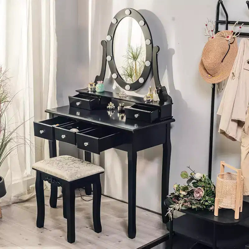 Coiffeuse Garvee avec 5 tiroirs, table de maquillage en bois avec miroir ovale et tabouret pour chambre à coucher