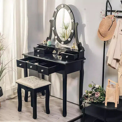 Coiffeuse Garvee avec 5 tiroirs, table de maquillage en bois avec miroir ovale et tabouret pour chambre à coucher