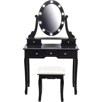 Coiffeuse Garvee avec 5 tiroirs, table de maquillage en bois avec miroir ovale et tabouret pour chambre à coucher