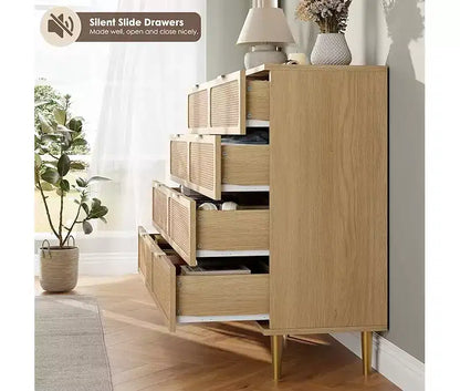 Commode en rotin avec 8 tiroirs, armoire haute moderne avec rangement profond, grande commode avec plateau large, longue commode en bois pour salon