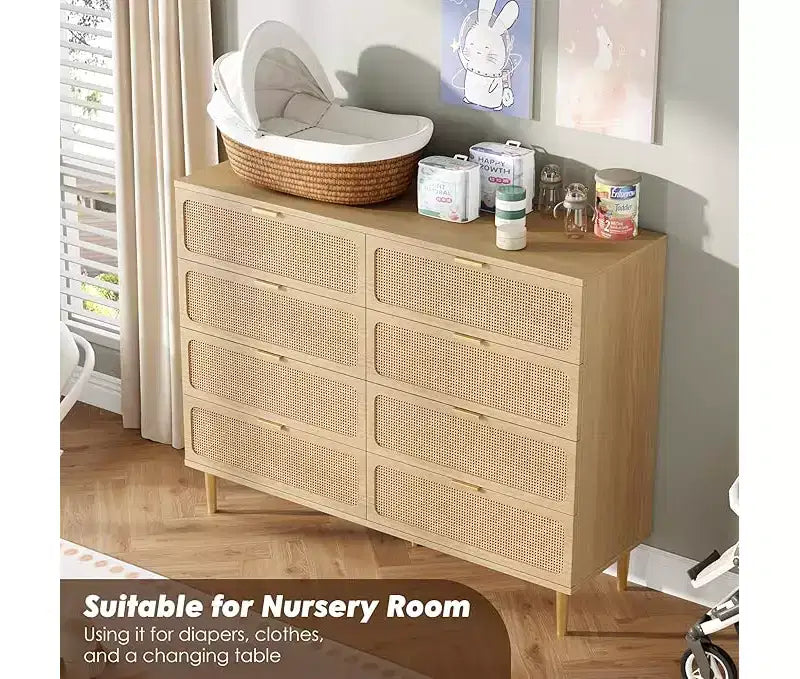 Commode en rotin avec 8 tiroirs, armoire haute moderne avec rangement profond, grande commode avec plateau large, longue commode en bois pour salon