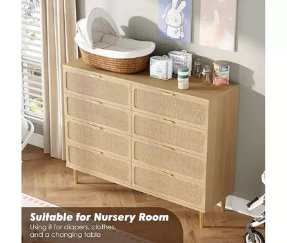 Commode en rotin avec 8 tiroirs, armoire haute moderne avec rangement profond, grande commode avec plateau large, longue commode en bois pour salon