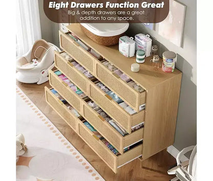 Commode en rotin avec 8 tiroirs, armoire haute moderne avec rangement profond, grande commode avec plateau large, longue commode en bois pour salon