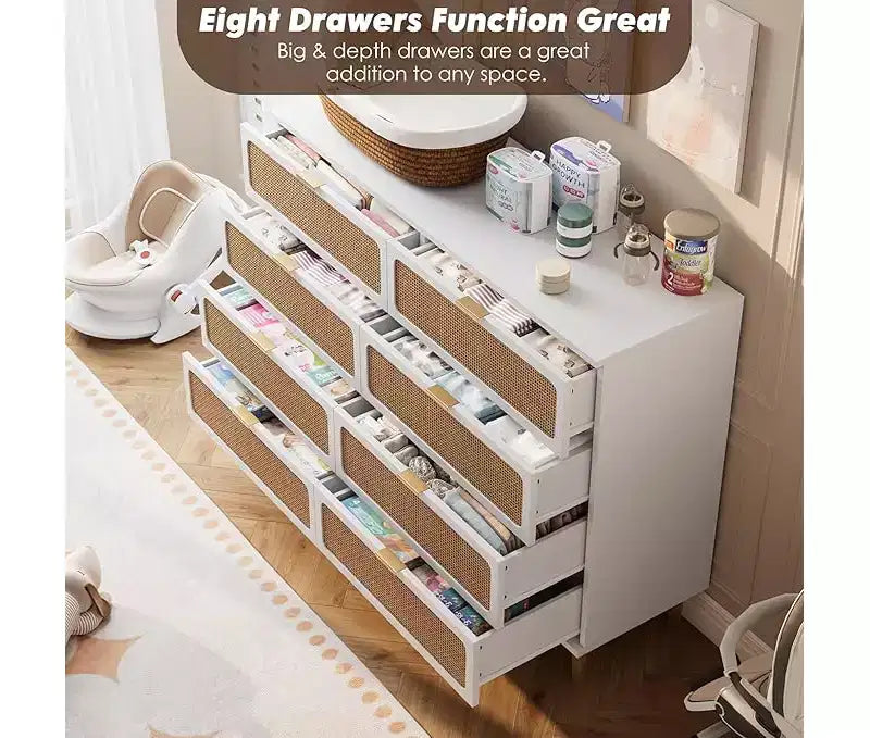 Commode en rotin avec 8 tiroirs, armoire haute moderne avec rangement profond, grande commode avec plateau large, longue commode en bois pour salon