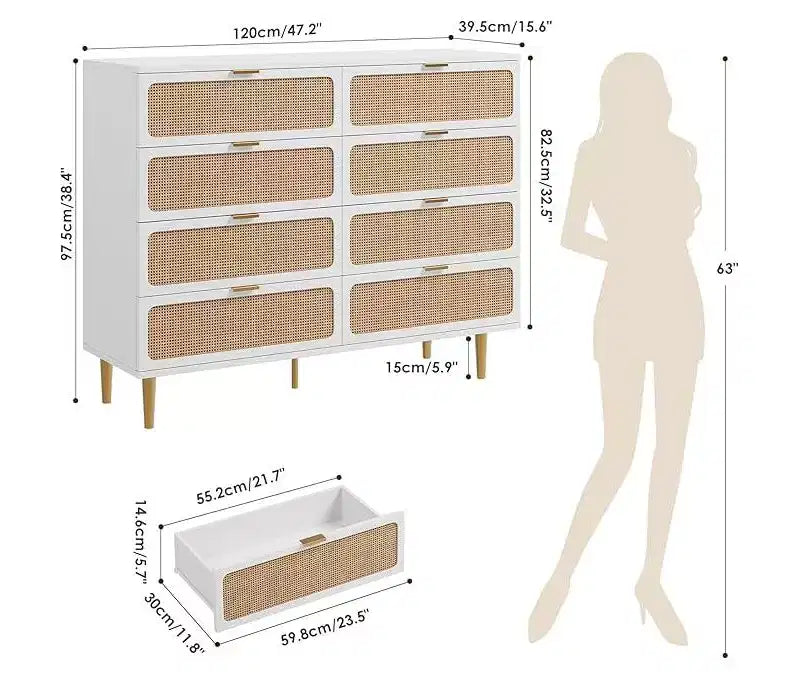 Commode en rotin avec 8 tiroirs, armoire haute moderne avec rangement profond, grande commode avec plateau large, longue commode en bois pour salon