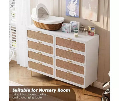 Commode en rotin avec 8 tiroirs, armoire haute moderne avec rangement profond, grande commode avec plateau large, longue commode en bois pour salon