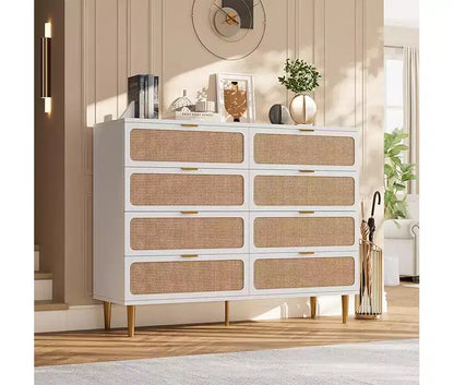 Commode en rotin avec 8 tiroirs, armoire haute moderne avec rangement profond, grande commode avec plateau large, longue commode en bois pour salon