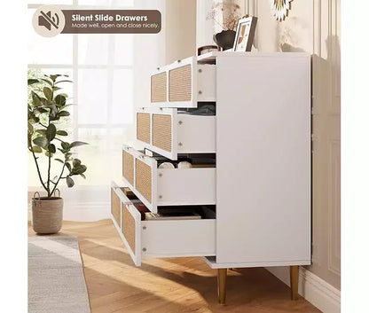 Commode en rotin avec 8 tiroirs, armoire haute moderne avec rangement profond, grande commode avec plateau large, longue commode en bois pour salon